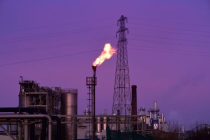 Gas flare stack burning excess gases at petrochemical plant, UK. Credit: paul ridsdale / Alamy Stock Photo. Image ID: 2D9JW8F.