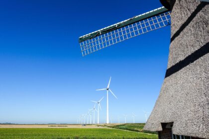 Old windmills and newer wind turbines, Netherlands.