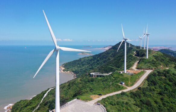 Wind turbines at Qushandao Wind Farm in Zhejiang province, China.