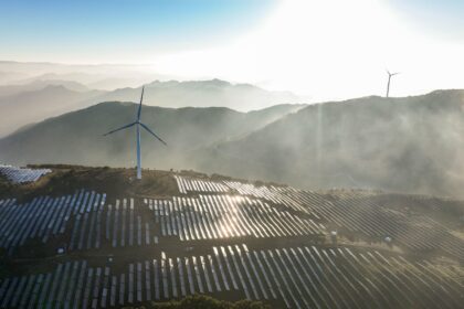 Wind turbines and solar photovoltaic panels in Guizhou, China.