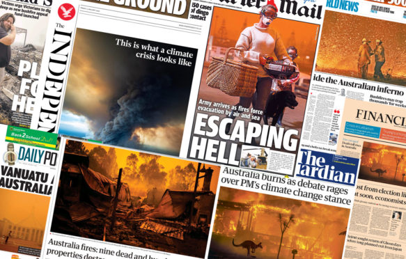 Collage of global media coverage of the Australian wildfires. Credit: Carbon Brief.