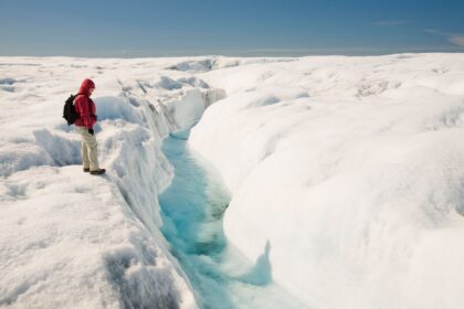 Melt water on Greenland ice sheet.