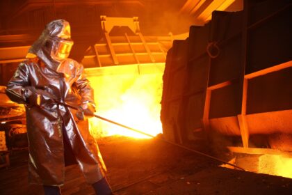 A steel worker at a blast furnace in Germany.