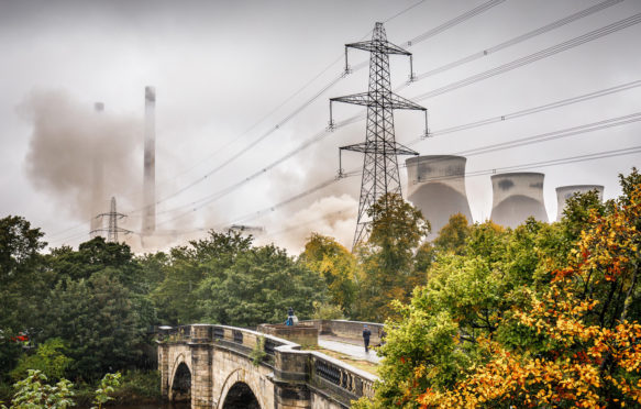 Four massive cooling towers at the Ferrybridge C coal fired power station are destroyed in a controlled explosion. Ferrybridge, near Leeds, UK. 13 October 2019. Credit: Ian Wray / Alamy Stock Photo