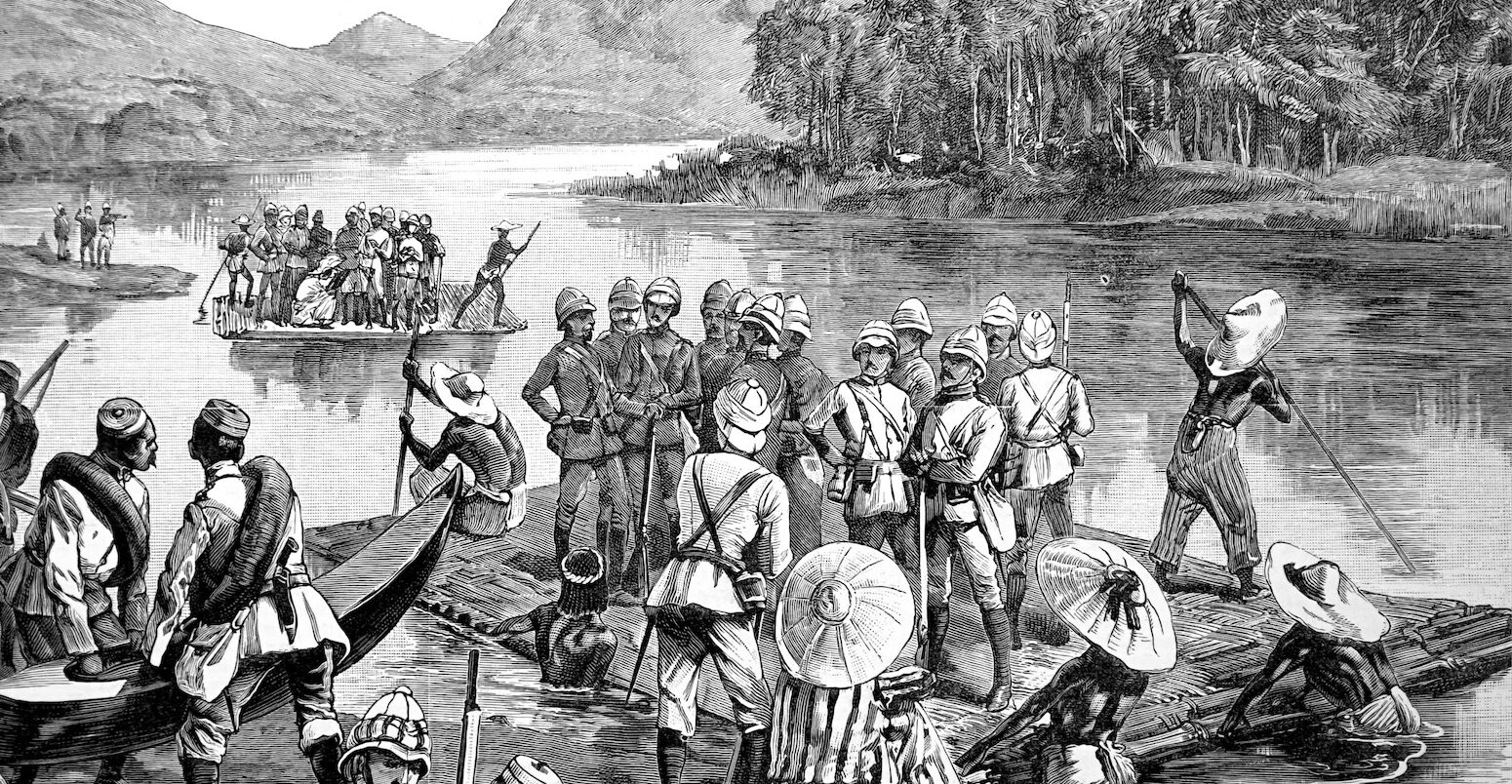 Illustration depicting British troops being ferried across a river in Burma on rafts, dated 19th century. Image ID: HHEERK.