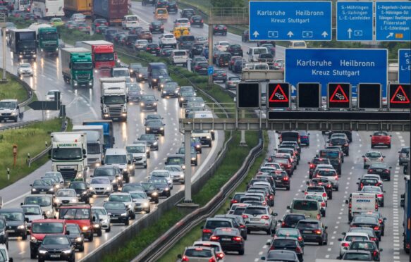 Heavy traffic on the Autobahn A8 motorway, near Stuttgart, Germany.