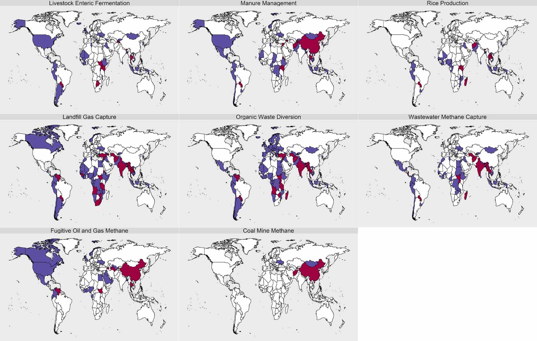 Countries that identified methane-focused mitigation measures in their NDCs. Each row represents the mitigation actions in three different sectors: agriculture (top row), waste management (middle row) and fossil fuels (bottom row). Each map shows a particular sub-sector for mitigation, for example, livestock enteric fermentation (upper left corner). Countries in blue (red) have (have not) signed the Global Methane Pledge. Countries in white do not present any methane mitigation strategies in their NDCs. Source: Malley et al. (2023)