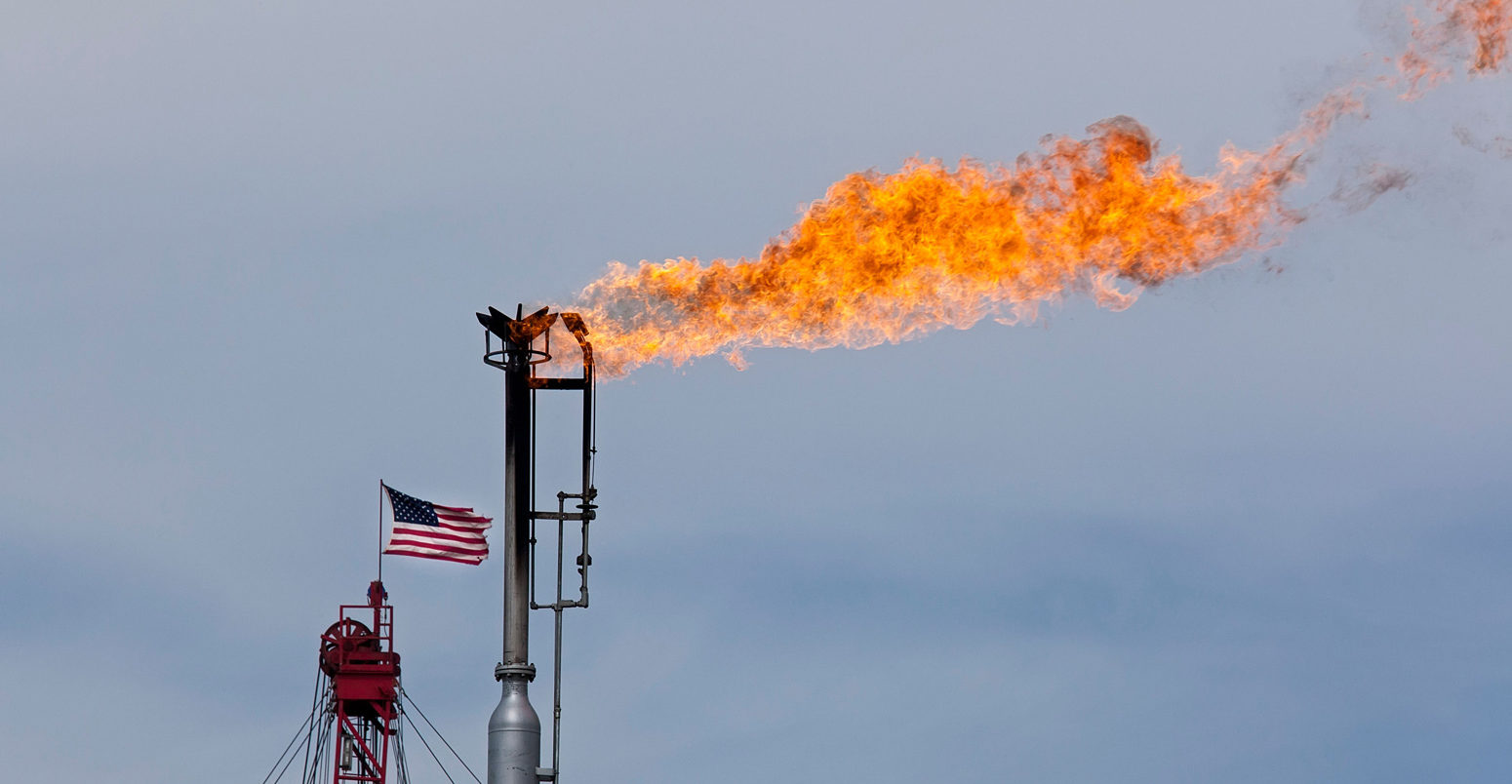 Natural gas is flared off as oil is pumped in the Bakken shale formation, North Dakota, USA