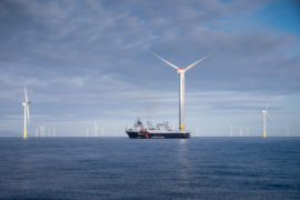 Ship constructing Walney extension of the offshore wind farm in the Irish Sea