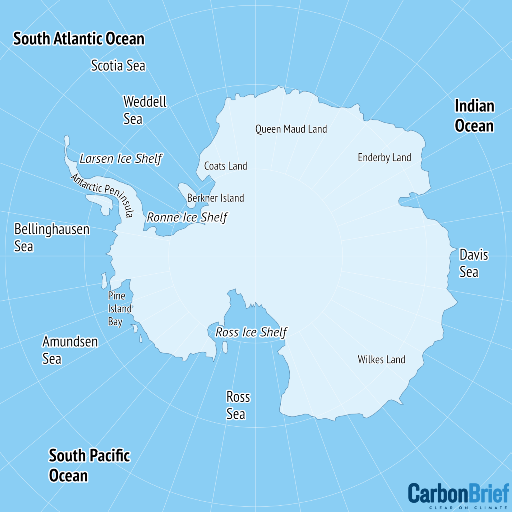 Map showing the main regions of the Antarctic. Source: Carbon Brief