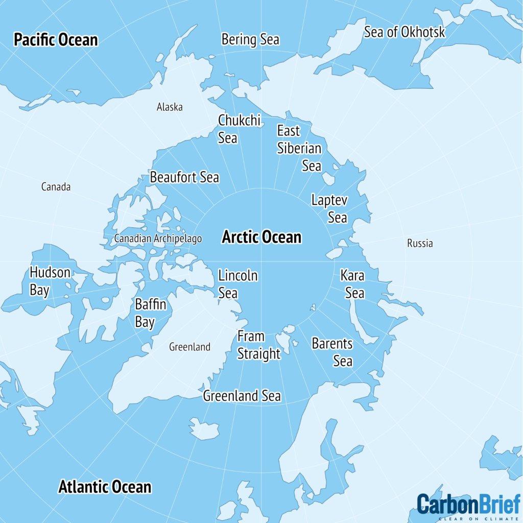 Map showing main regions of the Arctic. Source: Carbon Brief