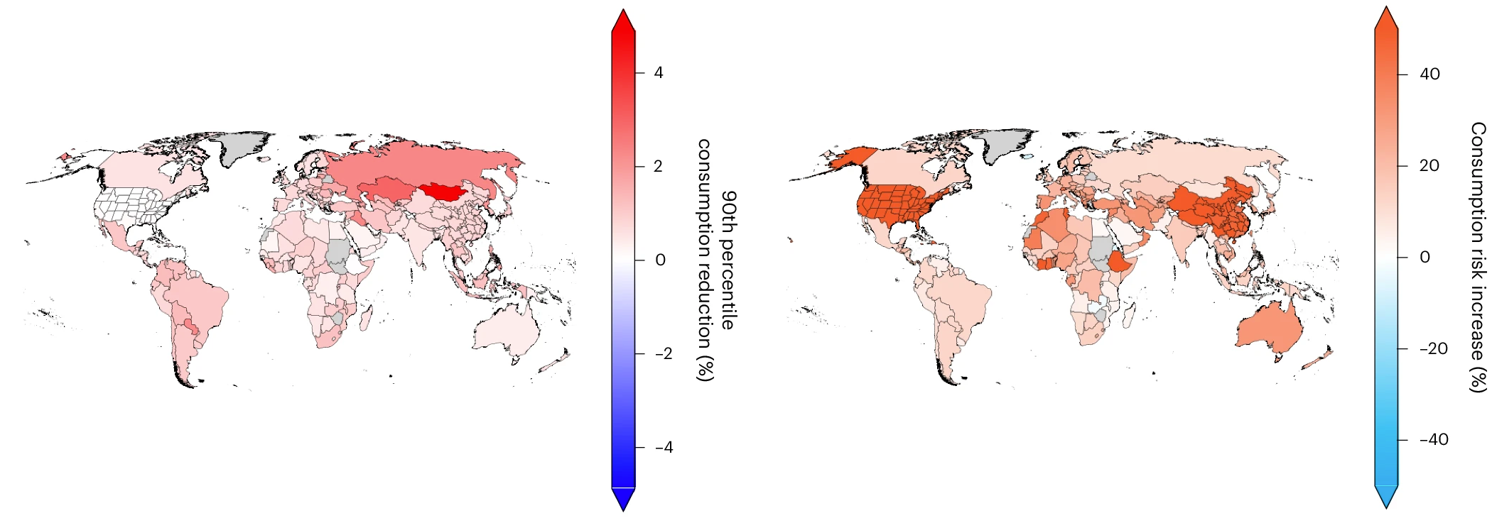 Percentage reduction in consumption due to rainfall and temperature over 2011-20 by country (left) and projected percentage increase in consumption risk by 2031-2040 (right) by country, or region. Source: Quante et al (2024).