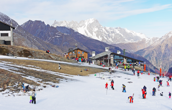 Extreme lack of snow for winter sports at La Thuile ski resort, Italy.