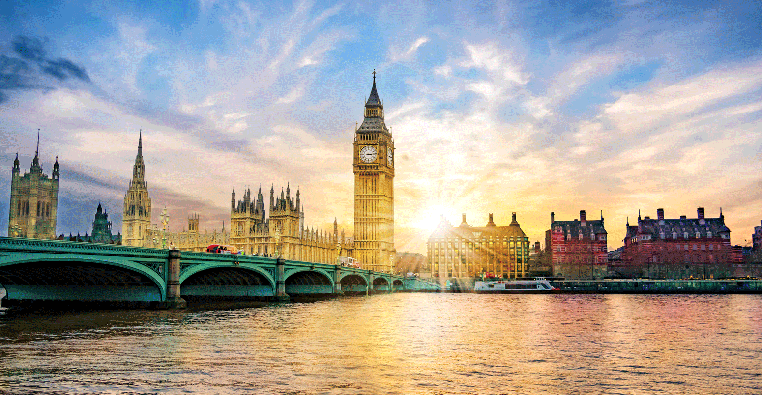 London cityscape with Big Ben and Westminster Bridge at sunset