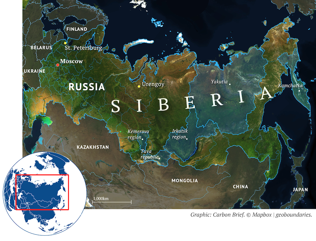 Map of Russia, showing Yakutia, Irkutsk region, Tuva republic, Kamchatka and Kemerovo region highlighted. The designations employed and the presentation of the material on this map do not imply the expression of any opinion whatsoever on the part of Carbon Brief concerning the legal status of any country, territory, city or area or of its authorities, or concerning the delimitation of its frontiers or boundaries.