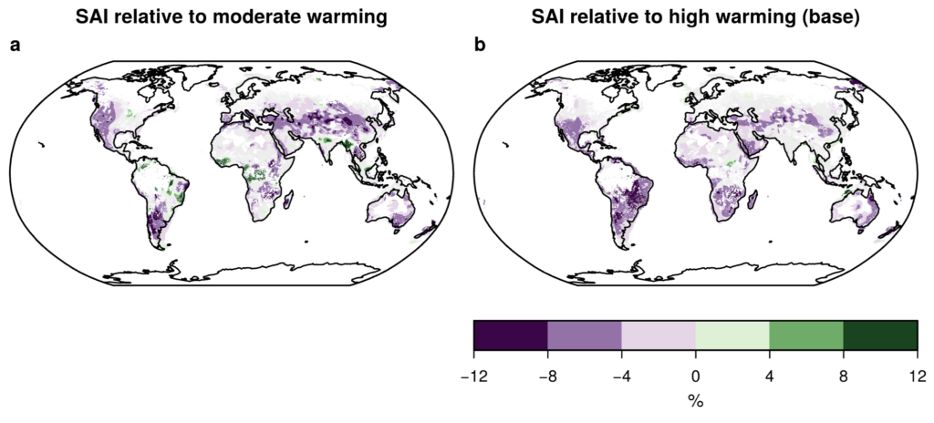 Relative difference in offshore wind energy potential between the SAI scenario and the moderate (left) and high (right) scenario. Shading shows increases (green) and decreases (purple). Light grey areas are considered suitable for wind/solar renewable energy deployment, but show insignificant change. Credit: Modified from Baur et al. (2024)