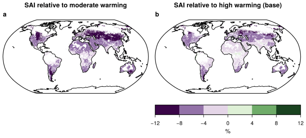 Relative difference in solar energy potential between the SAI scenario and the moderate (left) and high (right) scenario. Shading shows increases (green) and decreases (purple). Light grey areas are considered suitable for wind/solar renewable energy deployment, but show insignificant change. Credit: Baur et al. (2024)